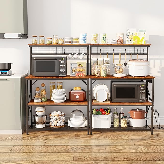 Furologee Kitchen Bakers Rack with Power Outlet,Coffee Stand with Storage 4 Tiers,Coffee Bar Station with a 31.5 Inch Larger Desktop and 8 S Hooks,Kitchen Microwave Rack for Spices,Pots,Rustic Brown