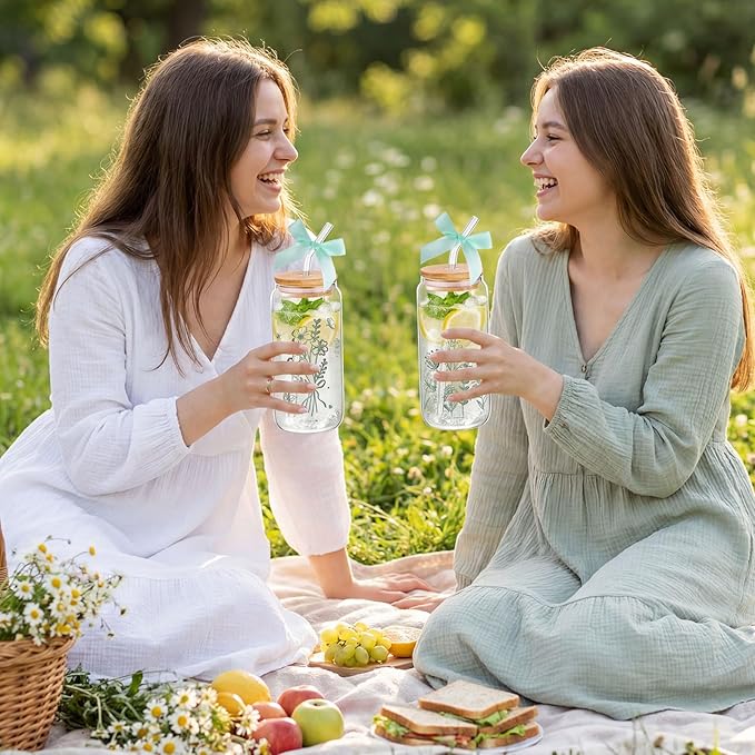 2 Pcs Gift for Women Sage Green Spring Floral Glasses Cups, 16 oz Cute Aesthetic Glass Cups with Lid and Straws Mothers Day Iced Coffee Cup, Idea Gift for Girls New Mom Day Birthday Baby Shower Party