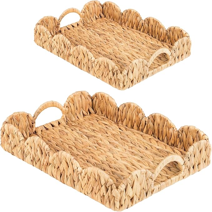 Large Rectangle Serving Tray, 2-Pack Rattan Scalloped Tray with Handles, Wicker Trays for Decor, Hand-Woven Water Hyacinth Coffee Table Tray for Home Decoration