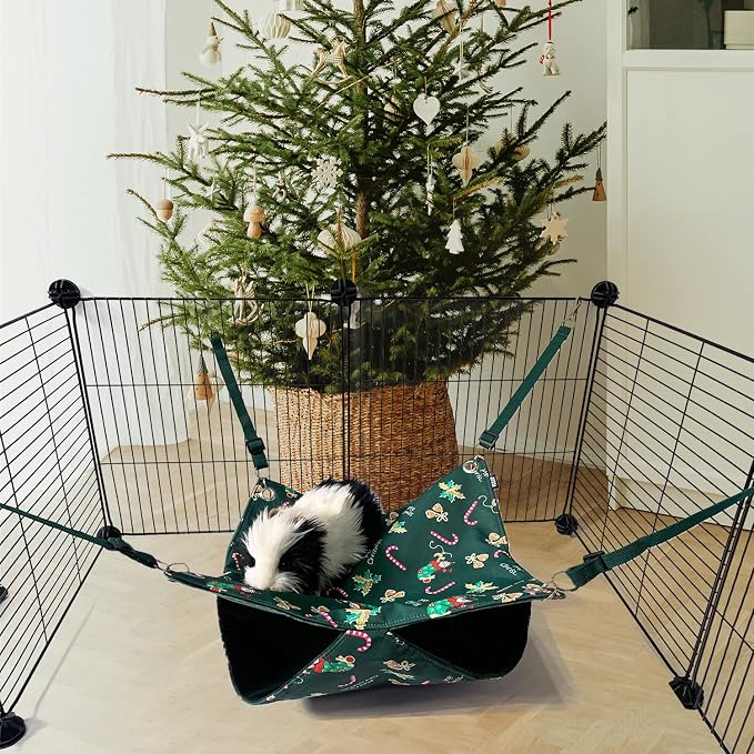 Ferret Rat Hammock,Ferret Cage Accessories Ferret Guinea Pig Hanging Bed HammockCute Ferret Stuff Tunnel for Cage Set Supplies 13.8inch (Green Christmas)