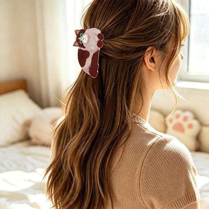 Fluffy Long Hair Cat Hair Claw Clips Animal Hair Clip Kitten Hair Barrettes | Lying Ragdoll Kitten Hair Jaw Clips Acrylic Grip Clips Brown Pet Cat Hair Accessories for Women Daily Holiday Party Styling