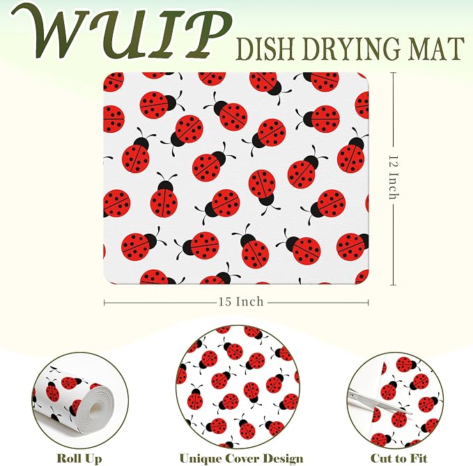 Red Ladybug Dish Drying Mats for Kitchen Counter, Ladybug Themed Gifts, Cute Lady Bug Absorbent Reversible Coffee Bar Mat Drying Pad for Kitchen Decor, 12x15 Inch