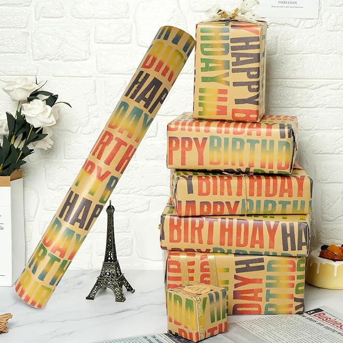 MAMUNU Birthday Wrapping Paper Roll, Colorful Happy Birthday Kraft Gift Wrapping Paper Jumbo Roll, Gift Wrap Paper Set for Boys Girls Men Women, 17 x 590 Inch