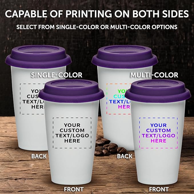 Personalized 11 oz. Double Wall Ceramic Tumblers with Lid - 12 Pack - Custom Text, Logo - Purple