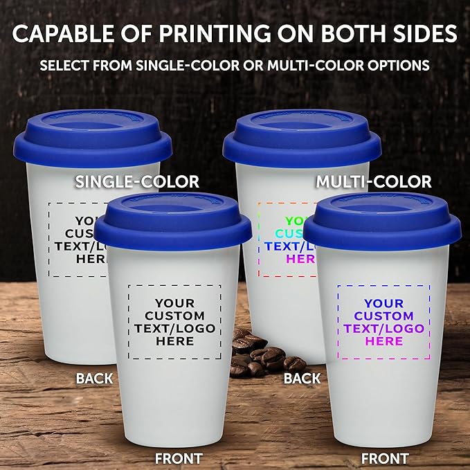Personalized 11 oz. Double Wall Ceramic Tumblers with Lid - 12 Pack - Custom Text, Logo - Blue