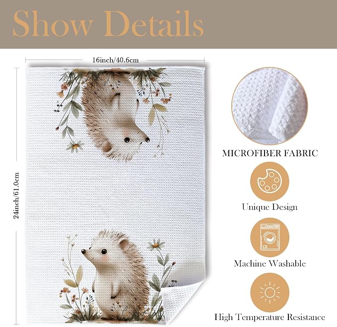 Hedgehog Gifts Kitchen Towels, Hedgehog Gifts for Women Dish Tea Towels for Kitchen, Cute Wild Animal Floral Botanical Decorative Hand Towel for Kids Bathroom Decor, 16x24 Inch