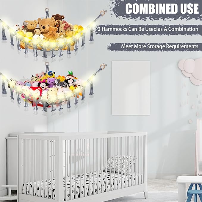 CERETIA Stuffed Animal Hammock with LED Light, Large Stuffed Animals Storage Corner Plushie Net for Kids Room Decor, Grey