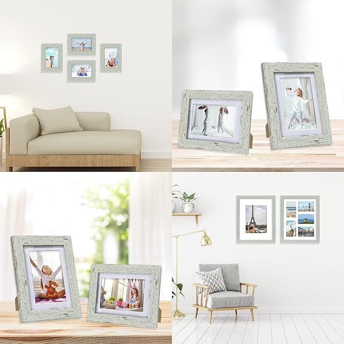 4x6 Picture Frame Set of 4, Made of Real Glass and Sage Green Wooden Frame, 4 by 6 Photo for Wall or Tabletop - Display Picture 3.5x5 with Mat or 4x6 Without Mat