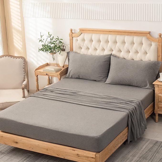 PURE ERA Jersey Knit 4pc Bed Sheet Set 100% T-Shirt Cotton Super Soft Comfy Breathable Fits Mattress Up to 20" Extra Deep Pocket (Heather Dark Grey, Cal King)