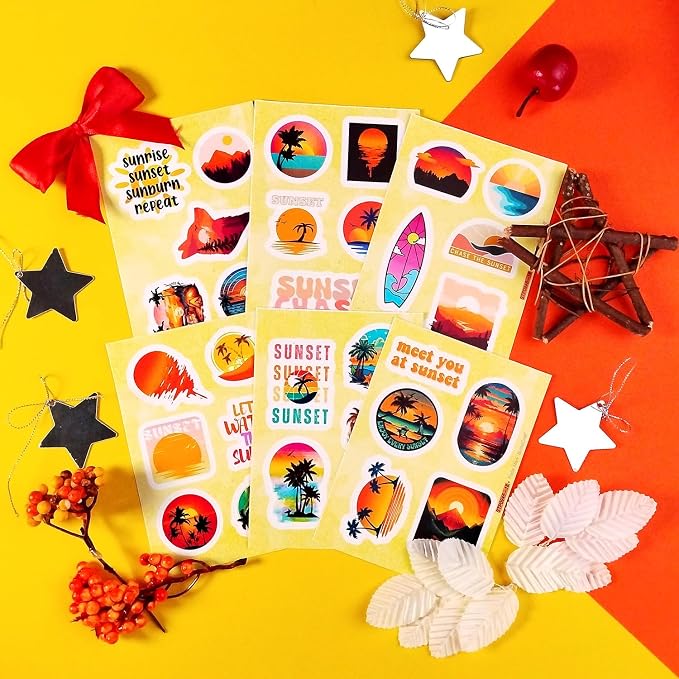 100Pcs Sunset Stickers - Beach Stickers, Sun Decals, Summer Decals for Water Bottle and Laptop, Palm Trees Party Supplies & Decorations, Beachy Stuff, Gifts for Women & Men