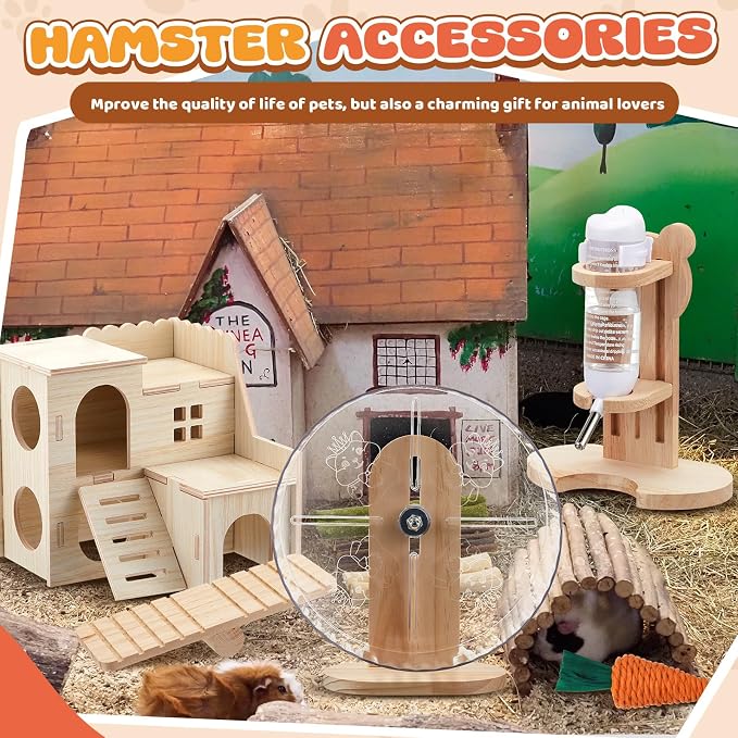 18 Pcs Hamster Cage Accessories Silent Hamster Wheel 15 Toys Set | Maze Wood House and Water Bottle Set for Rat Mice Small Animals Habitat Decor Enrichment Starters(Fun Interactive Style)