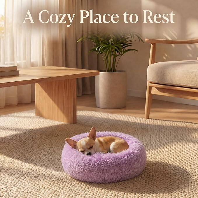 Tiny Dog Bed 15 Inch for Extra Small Dogs,Washable Puppy Bed,Soft Faux Fur Calming Donut Bed for Chihuahua Yorkie Maltese Pomeranian,Purple and White