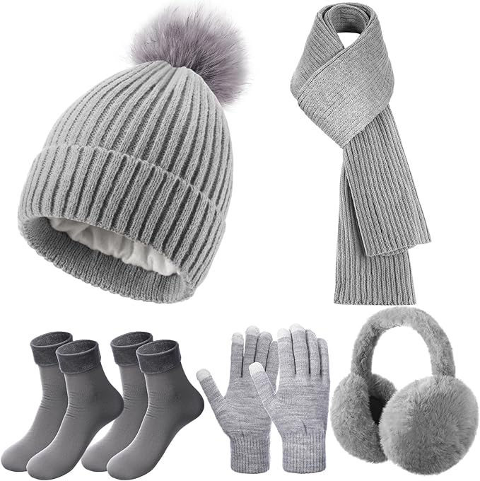 Geyoga 6 Pcs Winter Warm Set for Women Warm Beanies Hats Touchscreen Gloves Long Scarf Ear Muffs Socks Winter Gifts for Women
