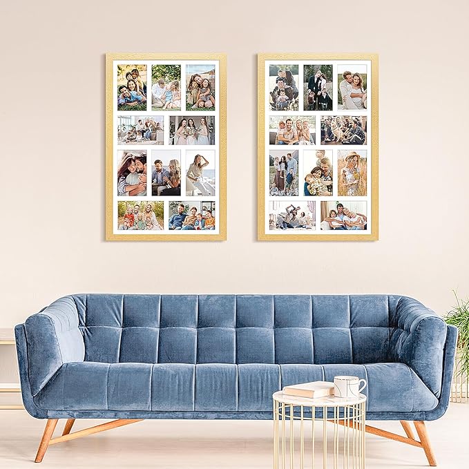 13x21 Collage frame with 10 Openings 4X6 Pictures, Multiple Picture Frame with Mat, Wall or Tabletop Decor, Natural Wood Grain,2 Pack