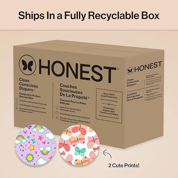 The Honest Company Clean Conscious Diapers for Sensitive Skin Up to 100% Leakproof Hypoallergenic Fragrance-Free Baby Girl Prints Super Club Box Size 6 (35 lbs) 68 Count (Prints