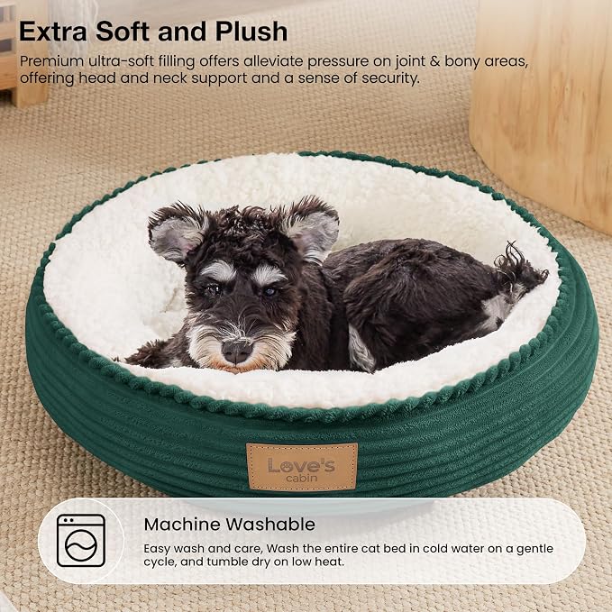 Love's cabin Round Donut Cat and Dog Cushion Bed, 24in Pet Bed for Small or Medium Dogs, Anti-Slip & Water-Resistant Bottom, Soft Durable Fabric Pet Beds, Washable Calming Cat Bed Dark Green