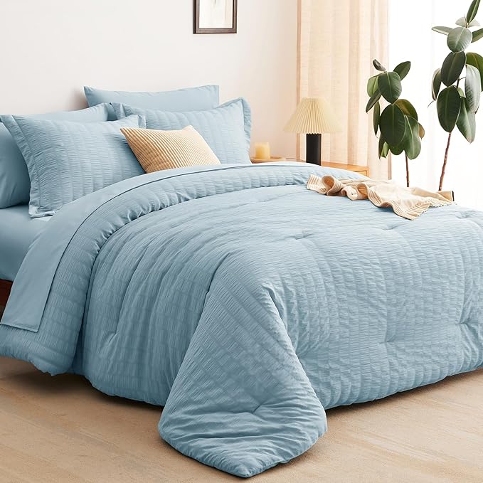 CozyLux Queen Comforter Set Light Blue Seersucker 7 Pieces Bed in a Bag Queen Comforter Set with Sheets Luxury Soft Bedding Set with Down Alternative Comforter, Sheets, Pillowcases & Shams All Seasons