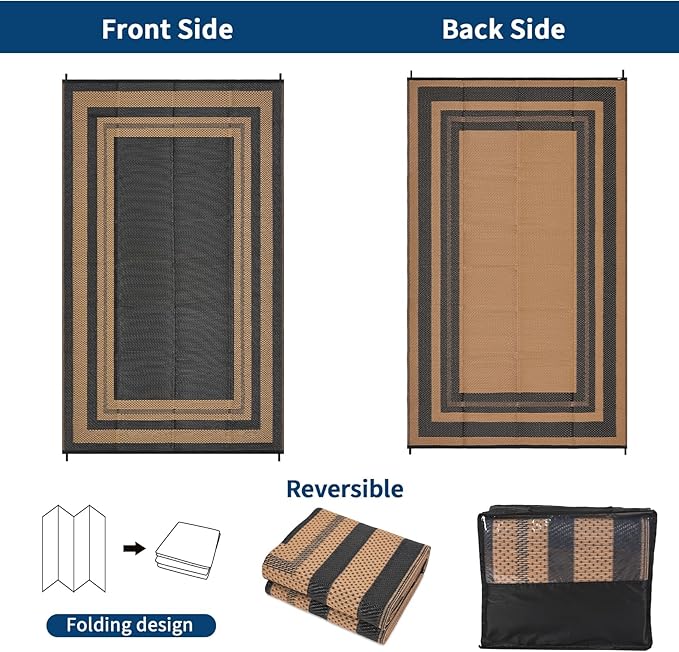 9x12 Outdoor Rug Waterproof Foldable Plastic Straw Carpet for Patio Porch Modern Border Reversible Mat Lightweight Floor Mat for Picnic, Backyard, Beach, Deck, Camper, Balcony,Black/Brown