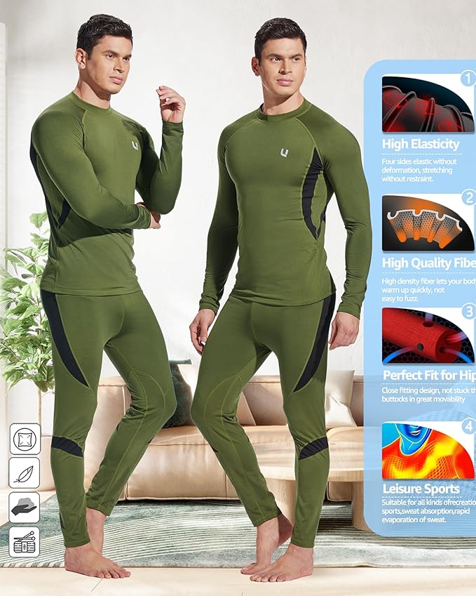 UNIQUEBELLA Men's Thermal Underwear Sets Top & Long Johns Fleece Sweat Quick Drying Thermo Base Layer