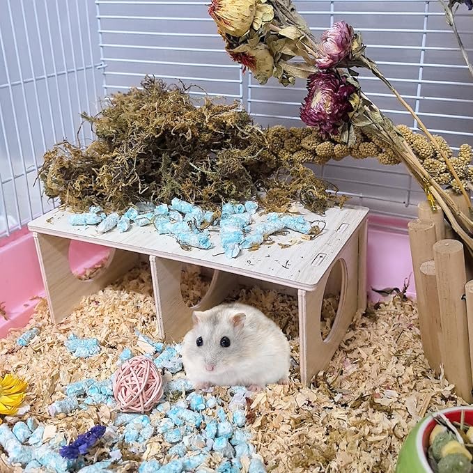 2 PCS Wooden Hamster Hideout Multi-Chamber Tunnel Set Hamster House Hiding Maze Platform Stuff Exploring Toy Cage Accessories for Gerbil Rat Mice