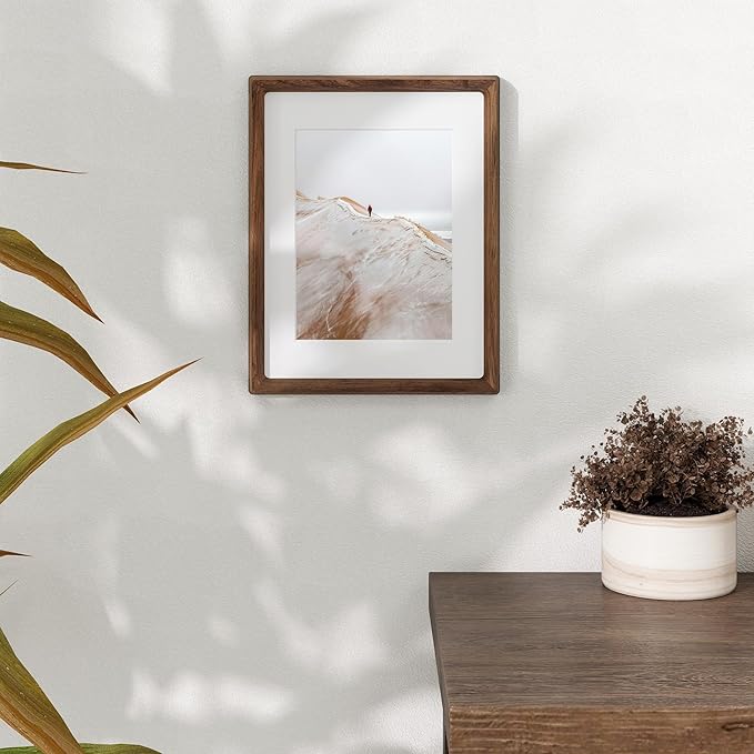 8.5x11 Picture Frame USA-Sourced Natural Walnut Wood Solid Original Wood Photo Frame Handcrafted Rounded Corner with Mat to 6x8 Picture Display with Real Glass Famil Photo, Certificate