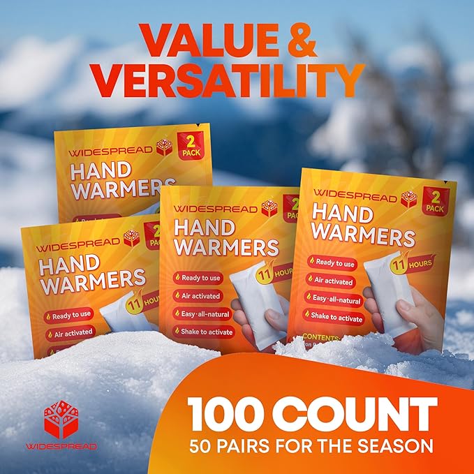 Hand Warmers Disposable 50 Pairs (100 Warmers) 11+ Hour Air-Activated Hot Hands Hand Warmers Bulk Pack - TSA Approved Pocket & Glove Warmers