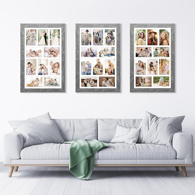 13x21 Picture Frame Display 10 opening 4X6 Picture Frame Collage,Multi Photo Frame with Mat,Plexiglass,Wall Mount Decor,Grey Wood Grain
