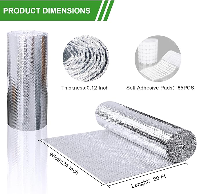 Reflective Foil Insulation, 24In x 20Ft Aluminum Foil Bubble Shield Double Reflective Bubble Insulation Sheet, Radiant Barrier Roll for RV Windows