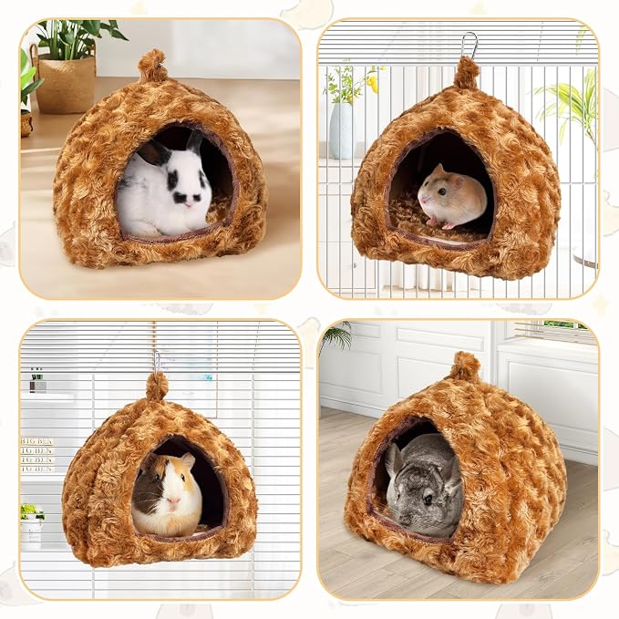 PINVNBY Guinea Pig Hamster Bed Warm Bunny Hideout Dwarf Rabbit Hideway Winter Sleeping Guinea Pig House for Hedgehog Ferret Rat Chinchilla and Other Small Animals(Brown)