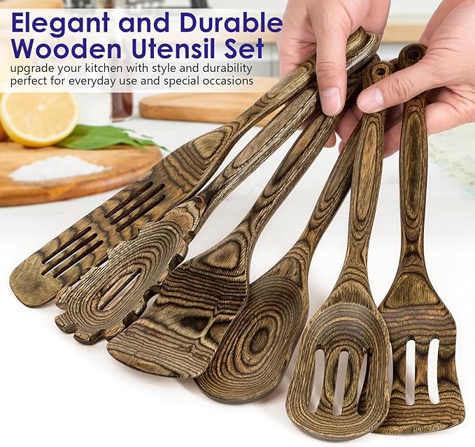 Pakkawood 6-Piece Wooden Cooking Utensil Set-Wood Kitchen Utensil Set, Wooden Spoons for Cooking, Nonstick Safe Non-Toxic Wooden Cooking Tools Long Handle Design by HOWHONG (Granite Color)