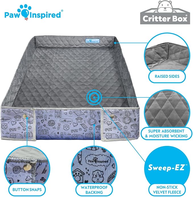 Paw Inspired Critter Box Cage Liner, Raised Sides, Midwest Size | Washable Fleece Bedding for Guinea Pigs Rabbits, Hamsters, Small Animals, Edge Protected Pee Pads
