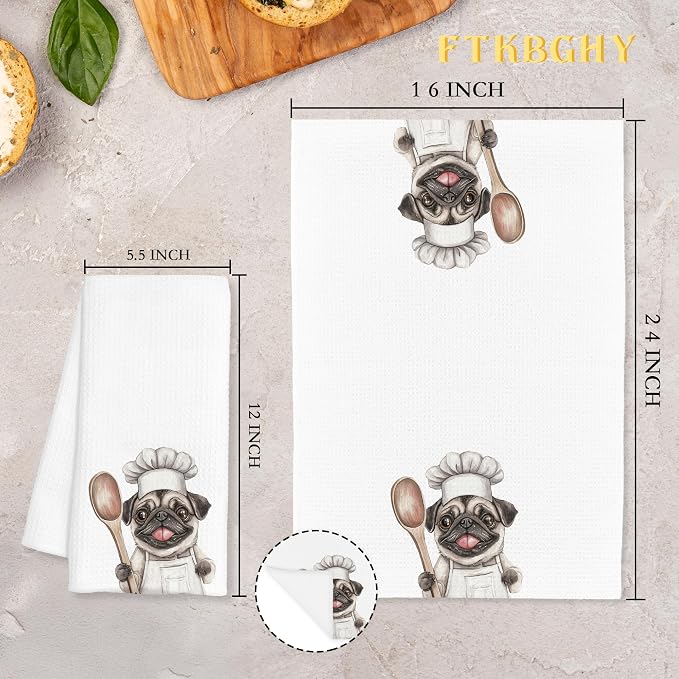 Funny Pug Chef Kitchen Towels, Gifts for Pug Lovers, Chef Gifts for Women Men, Funny Dog Decorative Dish Hand Tea Towels for Kitchen Bakery, 16x24 Inch