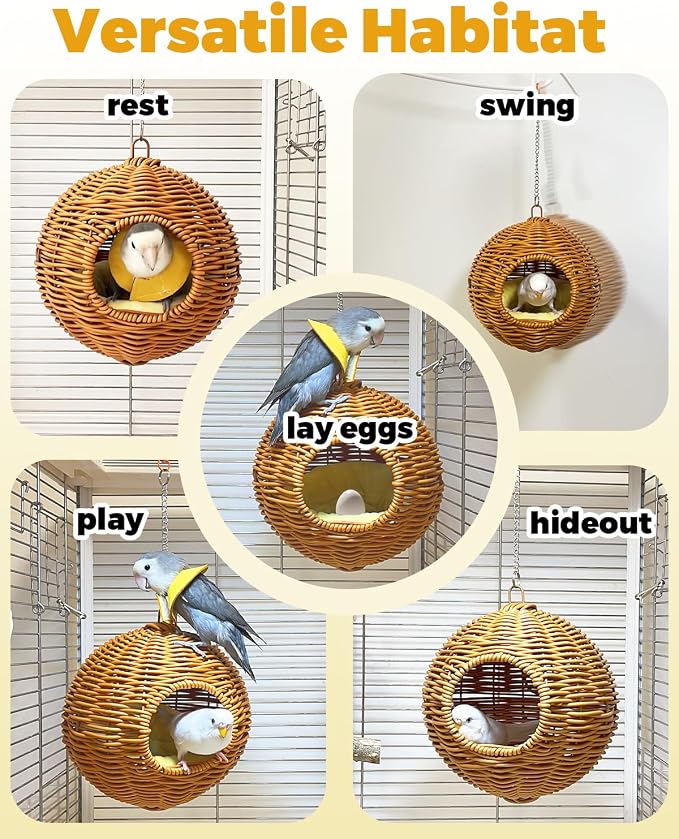 Chewproof Steel Frame Bird Nest for Cage, Washable Small Bed Hammock | Bird Hideout Lay Eggs Parakeet Nest Sleep Rest, Parakeet Warm Bed House Hut for Lovebird, Canary, Budgie, with Cushion