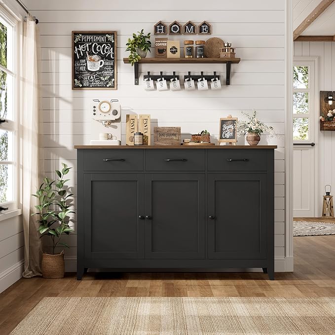 HORSTORS 47" Buffet Cabinet with Storage, Kitchen Buffet Table with Drawers, Modern Farmhouse Coffee Bar Storage Cabinet with Adjustable Shelf, Wood Sideboard for Dining Room, Kitchen, Entryway, Black