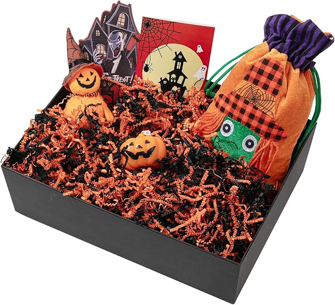 1/2 LB Halloween Crinkle Cut Paper Shred Filler 8 oz Black & Orange Crinkle Shredded Paper for Gift Basket - Gift Box Bag Filler - Grass Cushion Stuffing for Halloween Packaging Wrapping