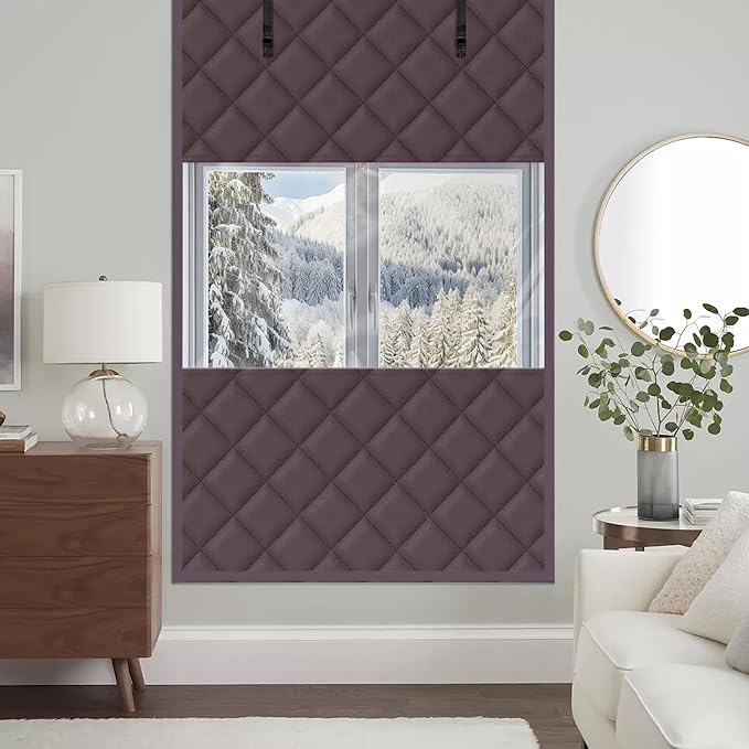 3 Layer 63 x 39 Inch Visible Winter Insulated Window Cover,Oxford Thermal Insulated Window Blanket with Fastener,Brownish Red Window Insulation Kit for Winterizing Keeping Home Warm