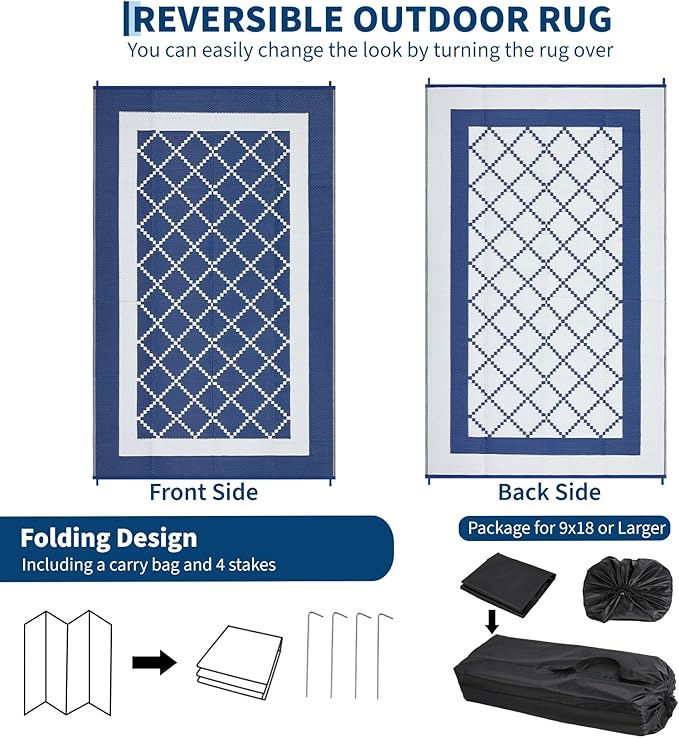 Outdoor Rug for Patio 9x12 Waterproof Camping Mat Reversible Plastic Straw Floor Carpet Modern Diamond Indoor Outdoor Large Area Rug for RV Deck Balcony Backyard Blue/White