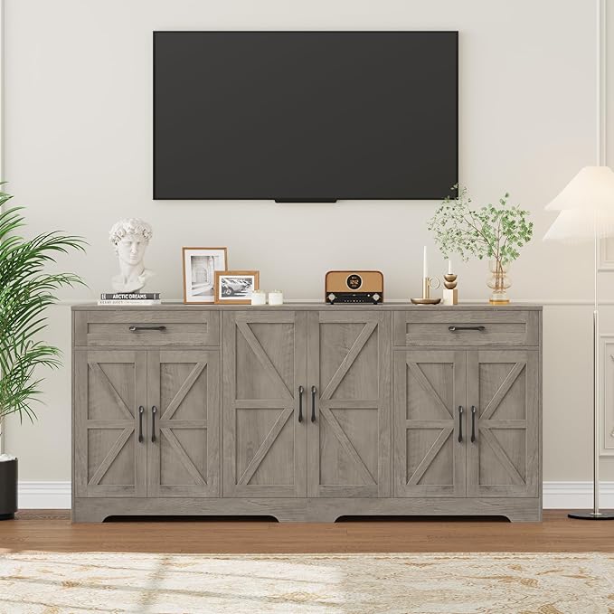 BOTLOG 71” Large Sideboard Buffet Cabinet with Storage, Farmhouse Kitchen Buffet Cabinet with Adjustable Shelves and 6 Barn Doors, Wood Coffee Wine Bar Console Table, White, Ash Grey (Ash Grey)