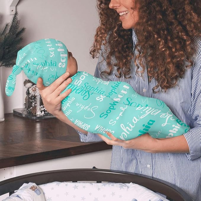 Personalized Baby Swaddle Blanket for Boys Girls Name Lettering Mint Green Custom Name Receiving Soft Blanket with Cap for Newborn Soft Sleeping Sack