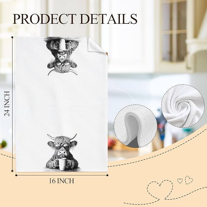 Funny Highland Cow Kitchen Towels Set of 3, Funny Gifts for Wine Beer Coffee Lovers Dish Tea Towels for Kitchen Bar Cart Decor, Highland Cow Gifts Decorative Hand Towels, 16x24 Inch
