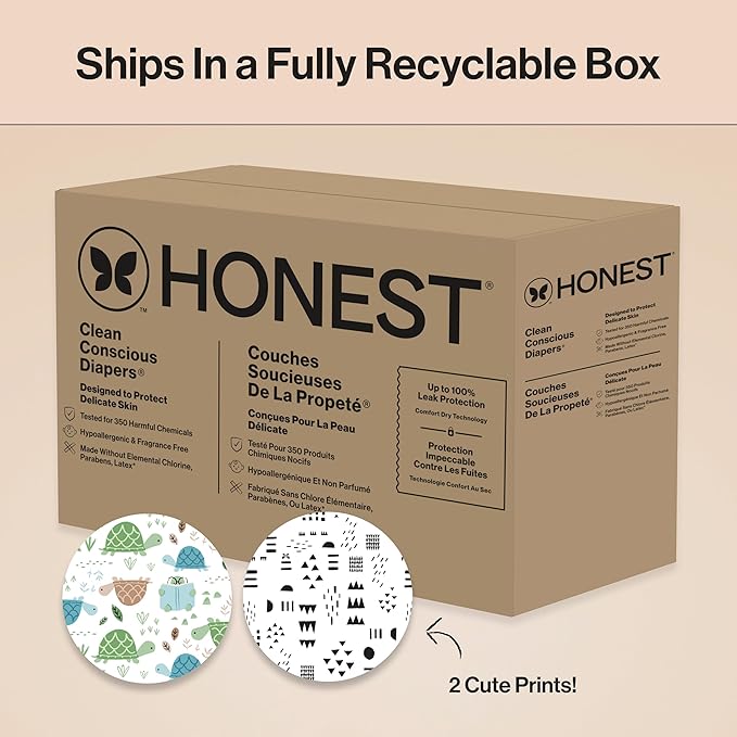 The Honest Company Clean Conscious Diapers for Sensitive Skin Up to 100% Leakproof Hypoallergenic Fragrance-Free Baby Gender Neutral Prints Super Club Box Size 2 (12–18 lbs) 124
