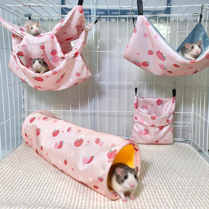 Hamiledyi Rat Hammock Sugar Glider Climbing Ropes Toys Rat Hanging Tunnel Hammock Swing Squirrel Hideout Bed Cage Accessories for Ferret Mouse Hamster Small Animals (Pink)