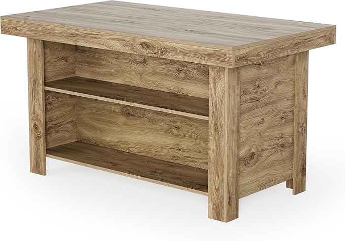 LITTLE TREE 55 Inches Kitchen Island with Storage, 3-Tier Farmhouse Wooden Stationary Island Table with Large Worktop & Leg Room, Modern Coffee Bar Table with Storage Shelf for Kitchen, Oak