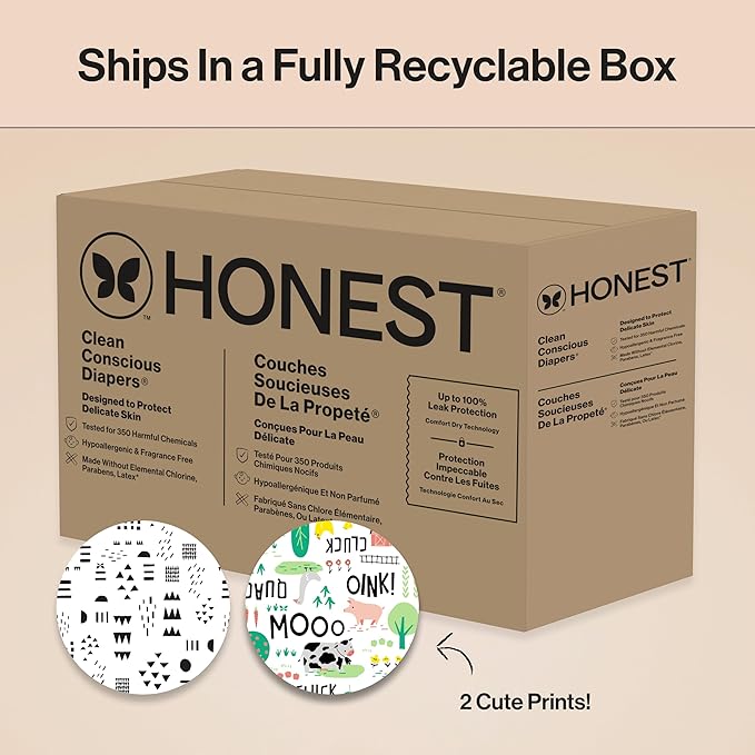 The Honest Company Clean Conscious Diapers for Delicate Skin Up to 100% Leakproof Hypoallergenic Fragrance-Free Baby Gender Neutral Prints Super Club Box Size 7 (41 lbs) 64 Count