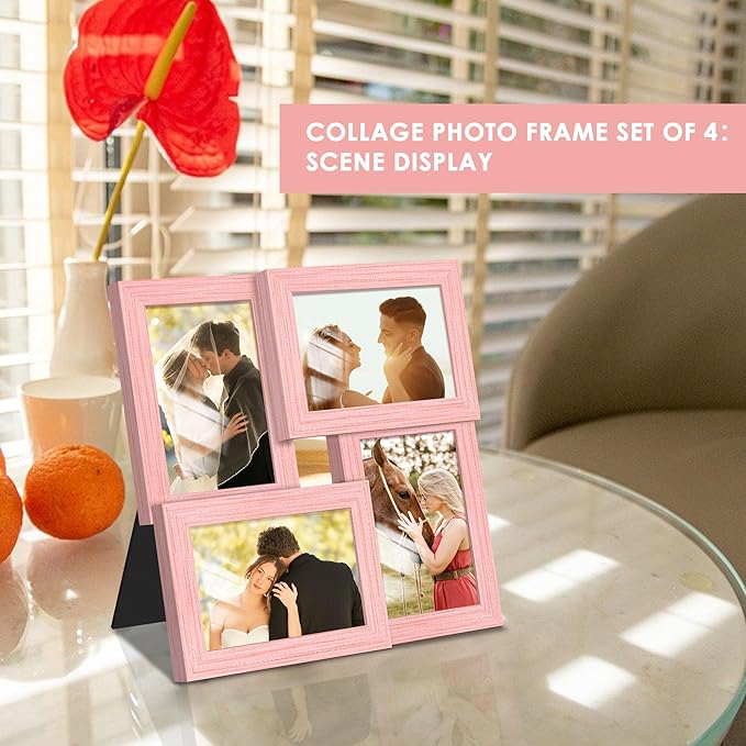 4x6 Collage Picture Frame Tempered Glass Front, Displays Four 4x6 Photo, Family Photo Collage Frame, Wall Decor Wall Hanging or Tabletop, Pink