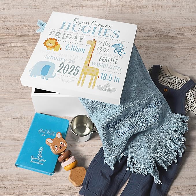Let's Make Memories Personalized Baby's First Keepsake Box - Memento Storage - Memories Box - Nursery Décor - For Boys - 6" Hx12 Square