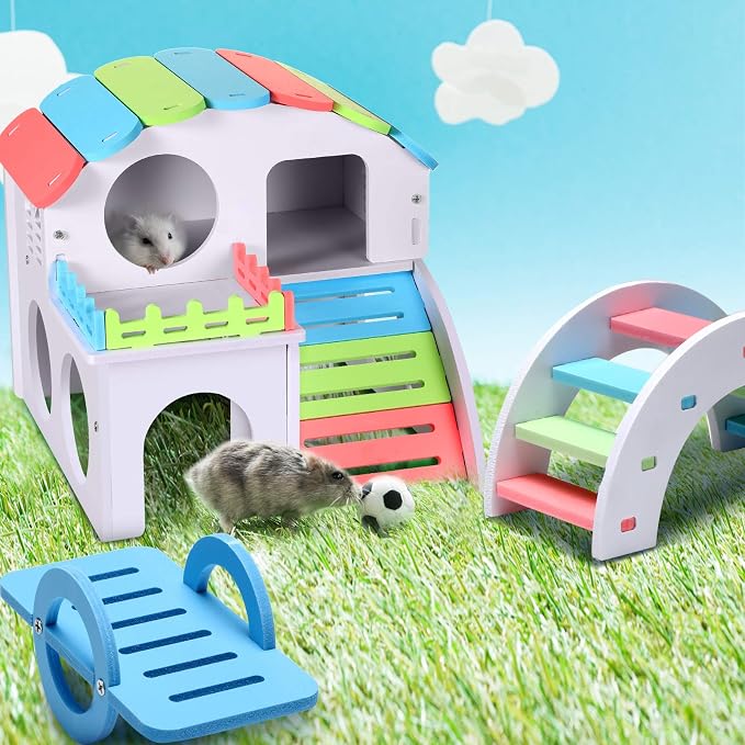 Skylety 3 Pieces Fun Hamster Guinea Pig Hideout Kit, Large, Rainbow Color | Include PVC Hamster House, Rainbow Bridge, Seesaw DIY Exercise Playhouse for Rats Mouse Small Animals