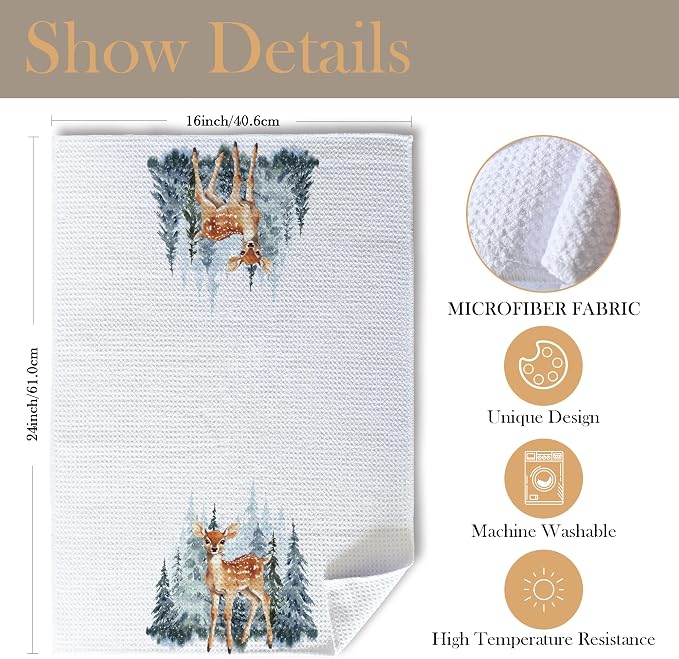 Winter Christmas Deer Kitchen Towels, Deer Gifts, Animal Lover Gifts Dish Tea Towels for Kitchen, Winter Pine Tree Forest Decorative Hand Towel for Kids Bathroom Decor, 16x24 Inch