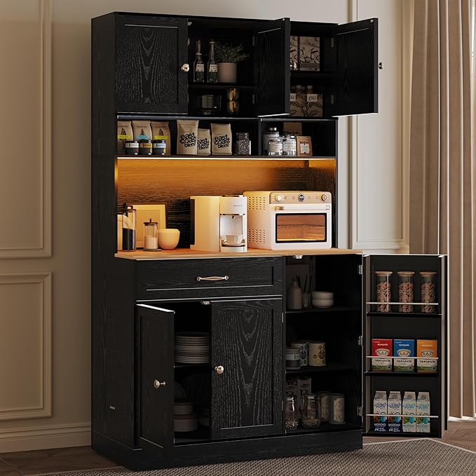 FJTJBSI 72" Kitchen Pantry Cabinet with LED Light and Charging Station Tall Pantry Storage Cabinet with Adjustable Shelves and Door Shelves Modern Kitchen Hutch with Countertop Black