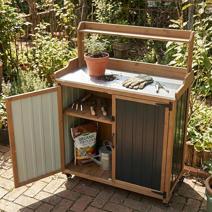 Ketive Outdoor Potting Bench with Storage, Potting Table with Metal Top, Garden Workstation Cabinet with Shelf, Rolling Outdoor Work Table for Backyard Patio Gardening